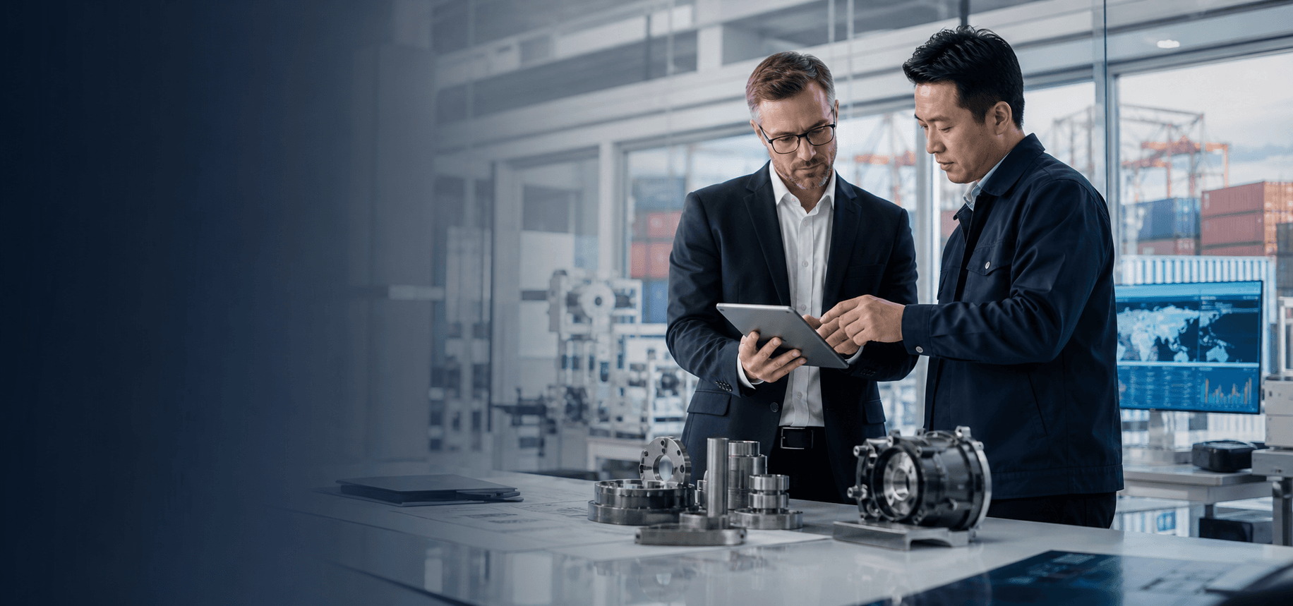 Industrial sourcing consultants reviewing manufacturing and procurement data
